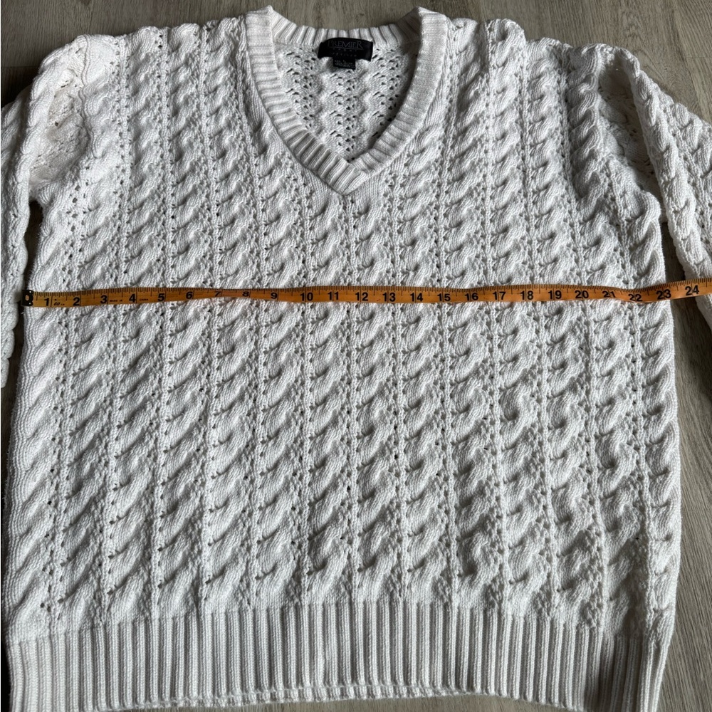 Vintage Premier Sport White Cotton Cable Knit Cottage Chunky V-Neck Sweater Lrg - Picture 9 of 9